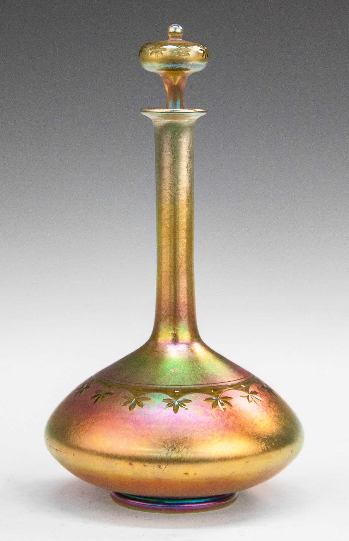 Appraisal: Tiffany Decanter Gold Iridescent with Engraved Floral Design Early th