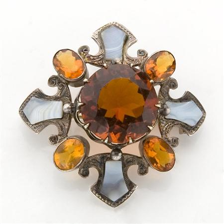 Appraisal: Antique Silver Scottish Agate and Simulated Citrine Brooch Estimate -