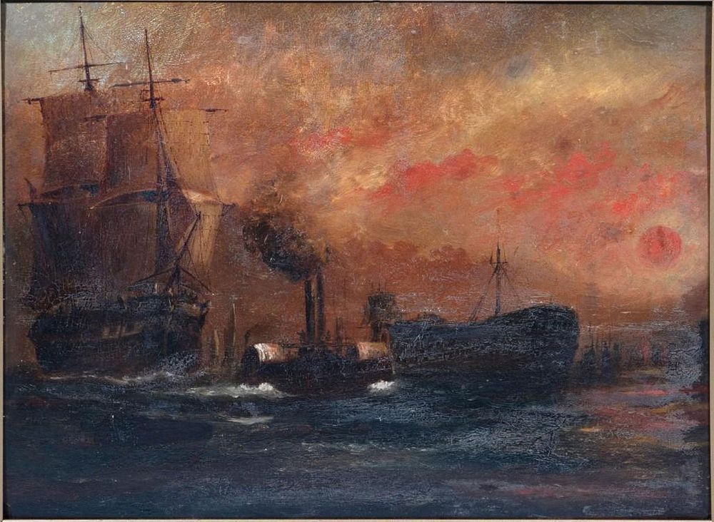 Appraisal: Oil on Board Harbor Scene Possibly Scottish depicting tug boats