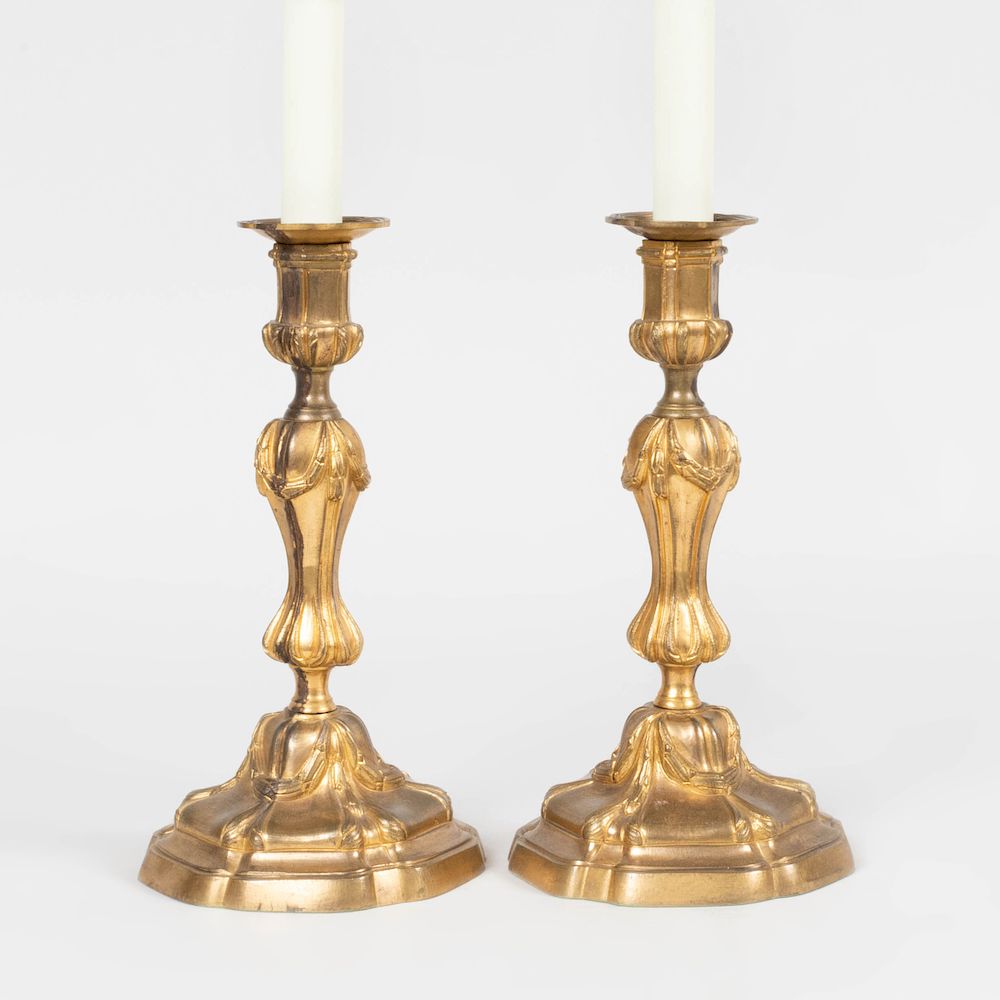 Appraisal: Pair of Louis XV Style Ormolu Candlestick Lamps x in