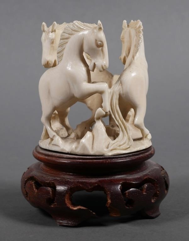 Appraisal: Chinese ivory carving three horses sculpture Horses measure tall x