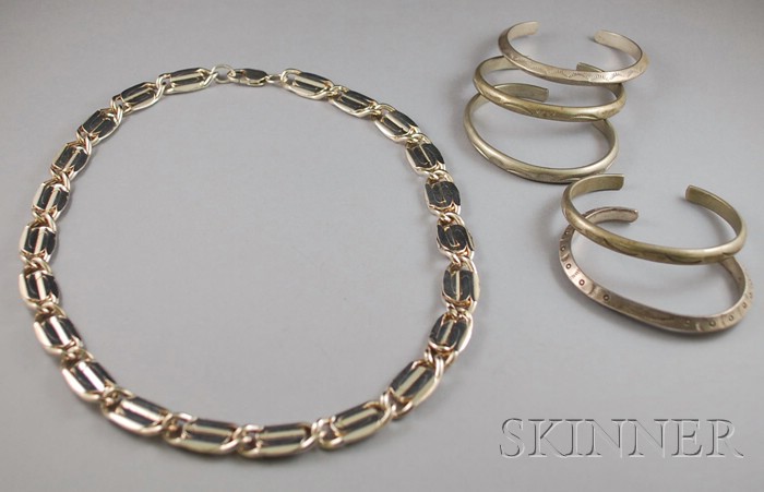 Appraisal: Sterling Silver Necklace and Five Cuff Bracelets one marked sterling