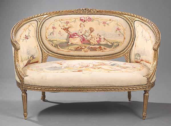 Appraisal: A Louis XVI-Style Giltwood and Aubusson Tapestry Canap late th