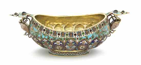 Appraisal: A Russian Gilt Silver and Enameled Kvosh of oval handled