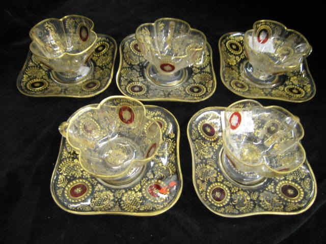 Appraisal: French Etched Crystal Cups Saucers gold cranberry trim possibly Moser