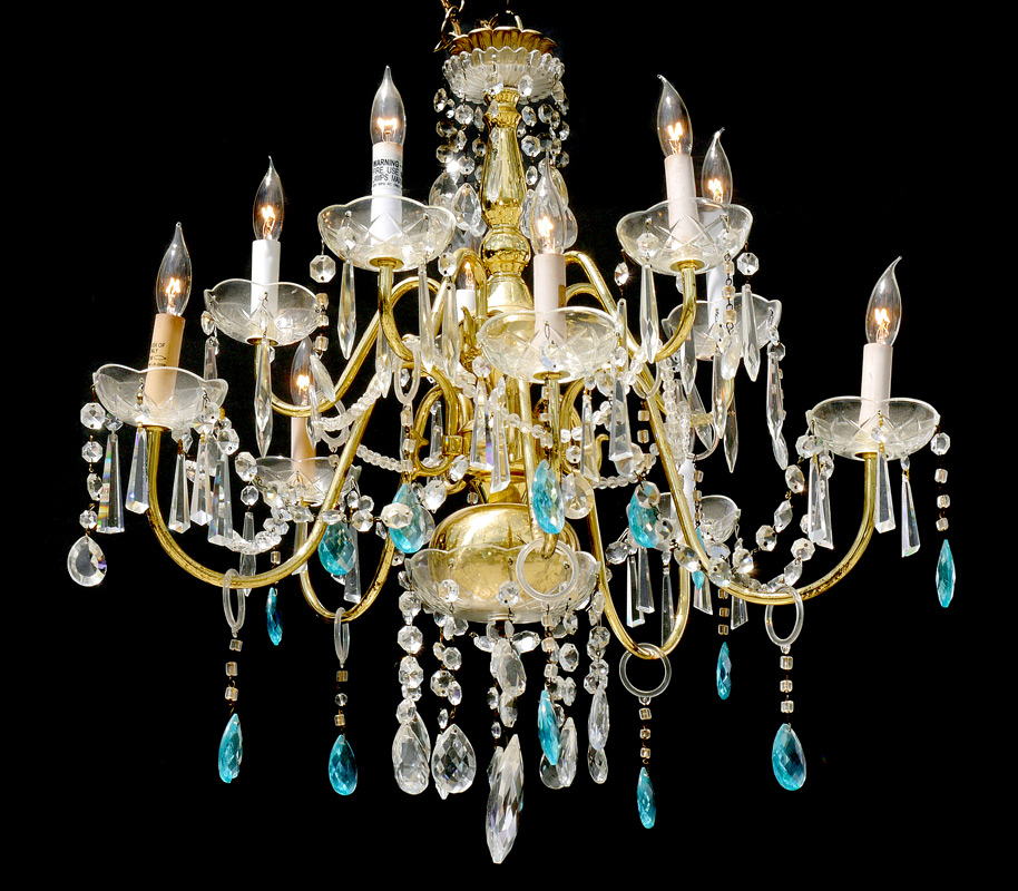 Appraisal: CONTEMPORARY BRASS CRYSTAL CHANDELIER light brass frame with blue and