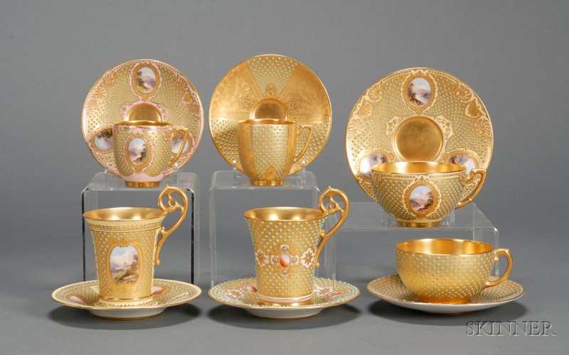 Appraisal: Six Assorted Jeweled Coalport Porcelain Cups and Saucers England th