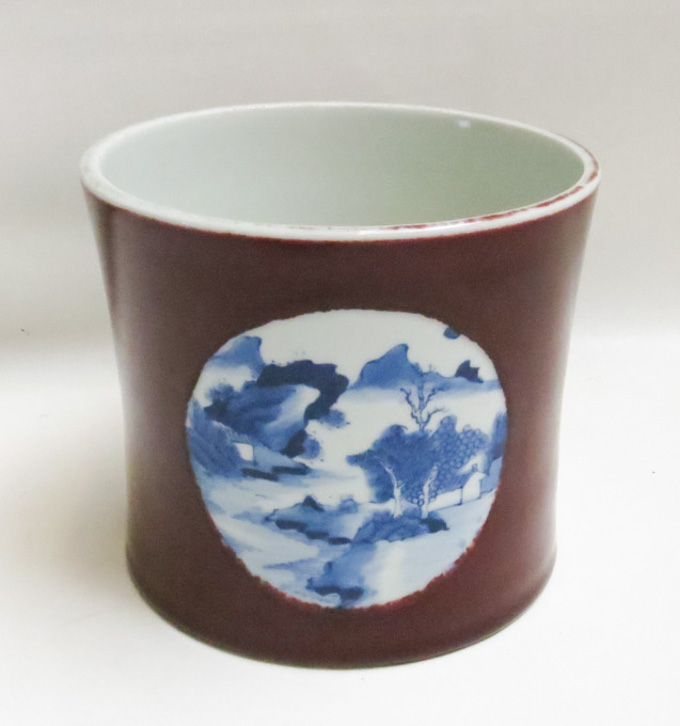 Appraisal: CHINESE PORCELAIN BRUSH POT the cylindrical vessel's sides featuring four