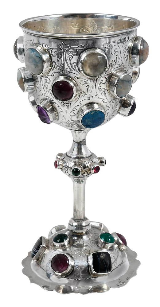 Appraisal: Jeweled Silver Goblet Continental th century typical form with engraved