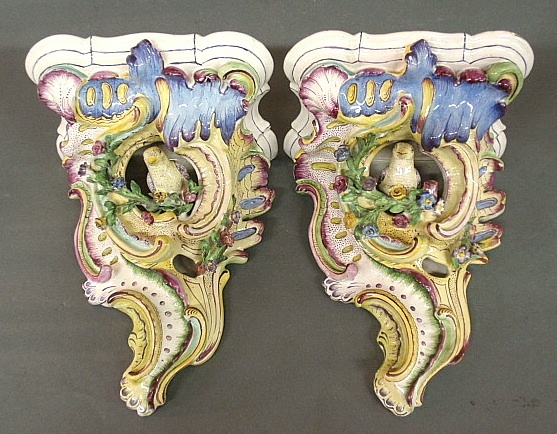 Appraisal: - Pair of colorful French Majolica wall brackets with floral