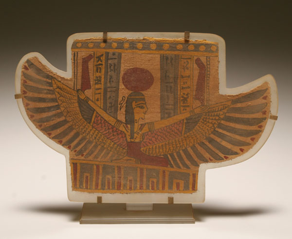 Appraisal: Egyptian facsimile cartonnage mummy fragment depicting the goddess Ma'at Purchased