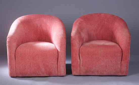 Appraisal: PAIR CONTEMPORARY SALMON COLOR PLUSH ALL-UPHOLSTERED BARREL-BACK LOUNGE CHAIRS BY