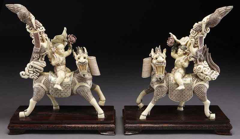 Appraisal: Chinese carved polychrome ivory warriors International buyers should note that