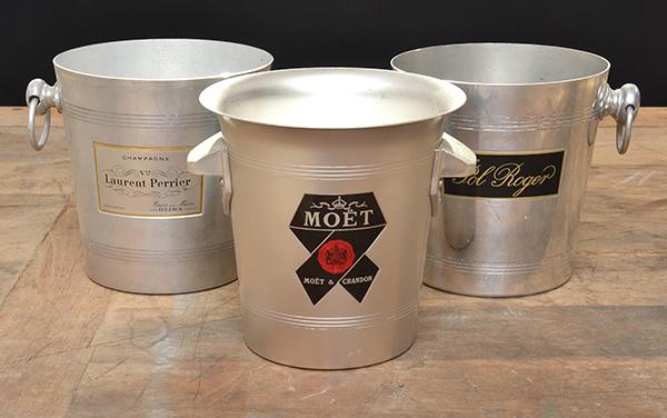 Appraisal: THREE METAL CHAMPAGNE BUCKETS 'MOET' 'POL ROGER' AND 'LAURENT PERRIER'