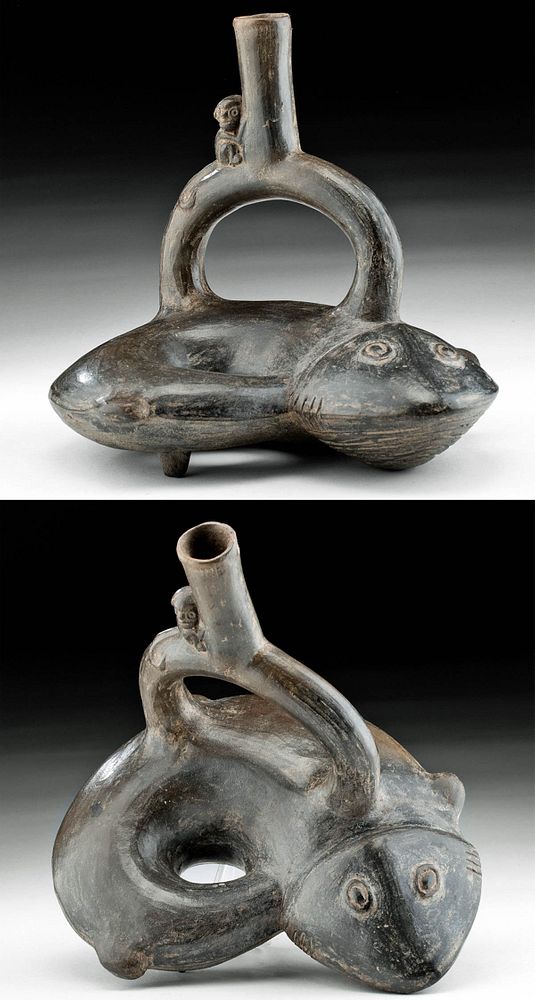 Appraisal: Chimu Pottery Stirrup Vessel w Shark Pre-Columbian North Coast Peru