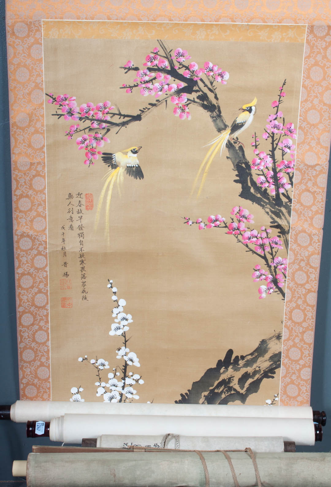 Appraisal: Four Chinese scrolls gouache on rice paper including birds in