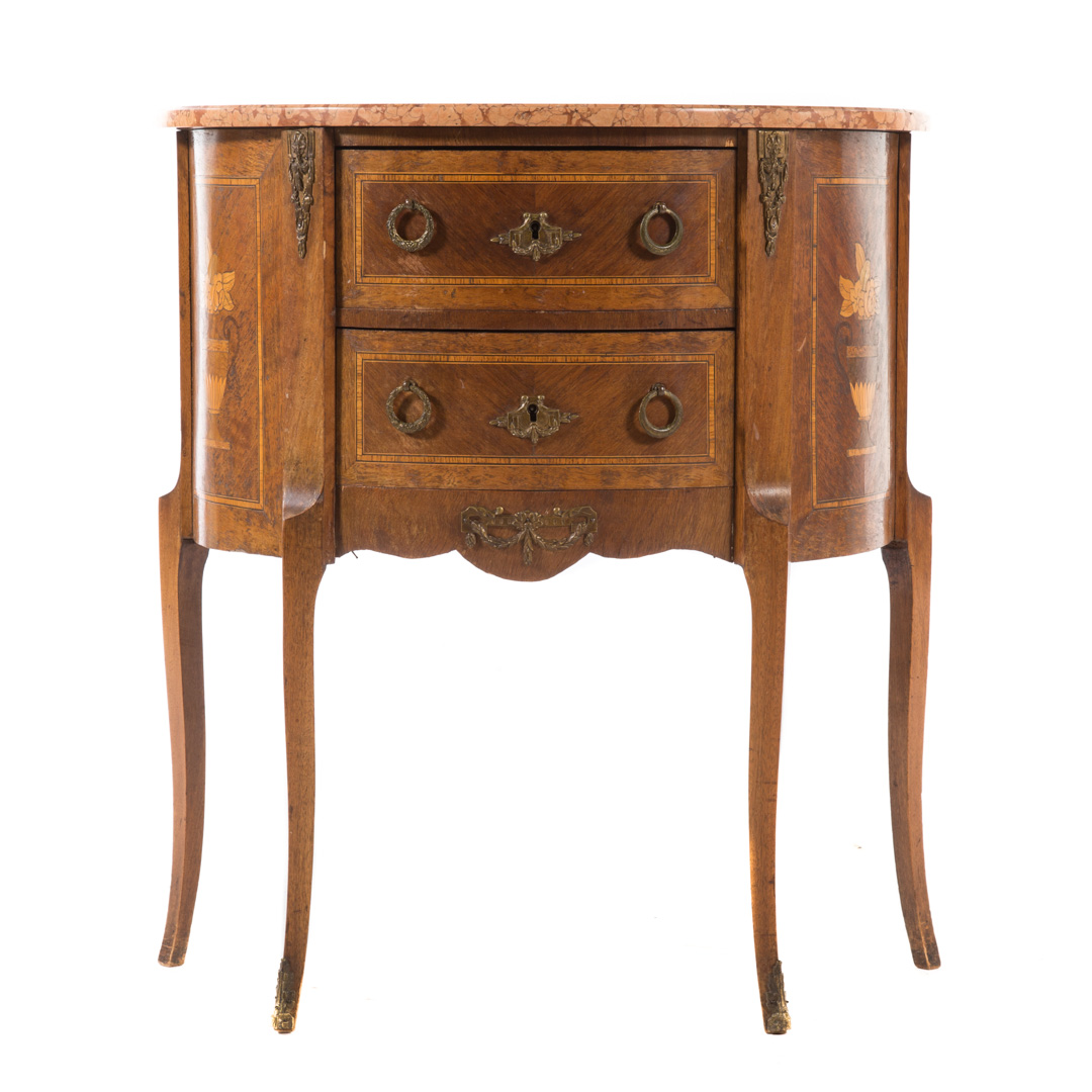 Appraisal: Louis XV style parquetry marble top table de nuit two-drawer