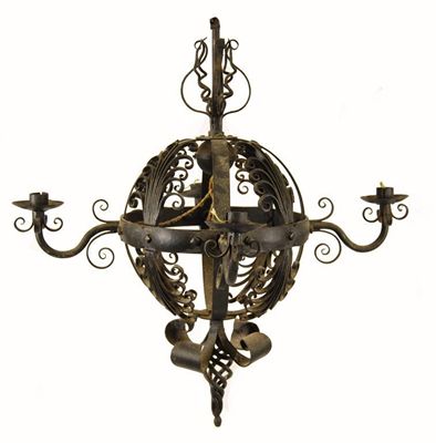 Appraisal: A continental wrought iron globe four light electrolier decorated with