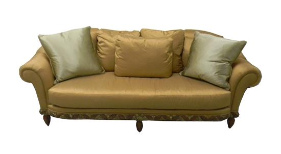 Appraisal: th C contemporary sofa golden upholstery with scrolled arms and