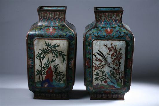 Appraisal: LARGE PAIR CHINESE CLOISONN VASES circa Of square-shape with floral