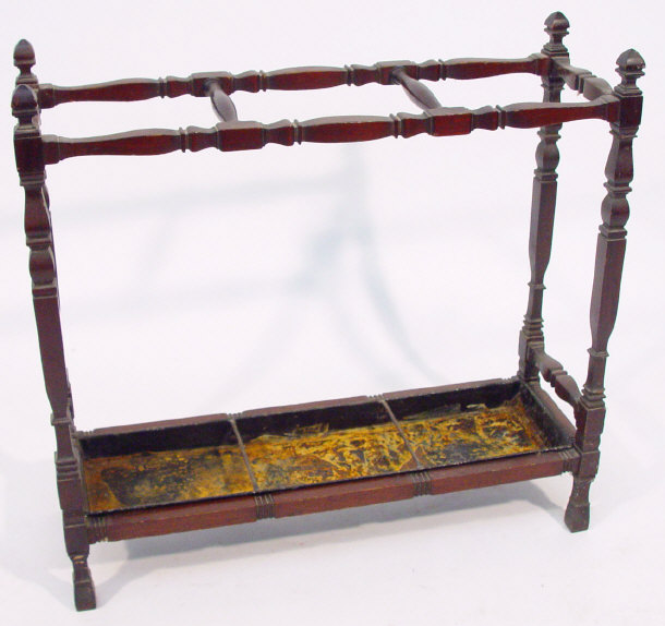 Appraisal: Victorian mahogany three-divisional stick stand with metal tray liner cm