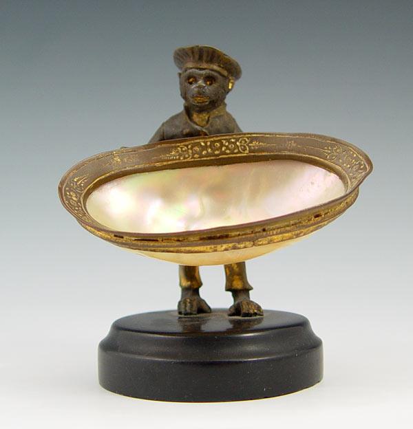 Appraisal: BRASS MONKEY MOTHER OF PEARL MASTER SALT Detailed figure of