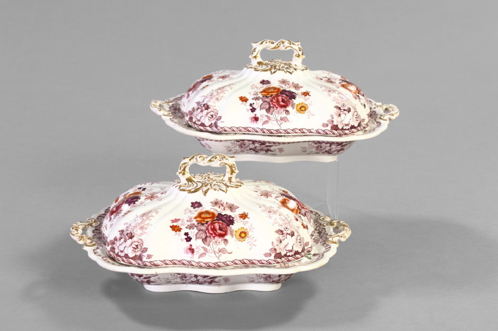 Appraisal: Good Pair of English Elaborately Transfer-Printed and Polychrome-Overglazed Covered Two-Handled