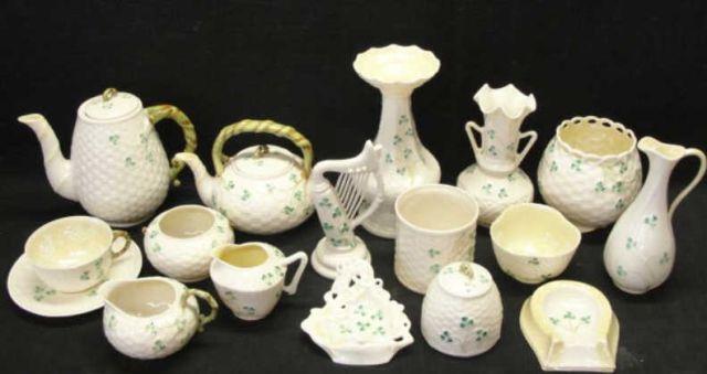 Appraisal: BELLEEK Lot of Shamrock Pattern Porcelain Includes tea set vases