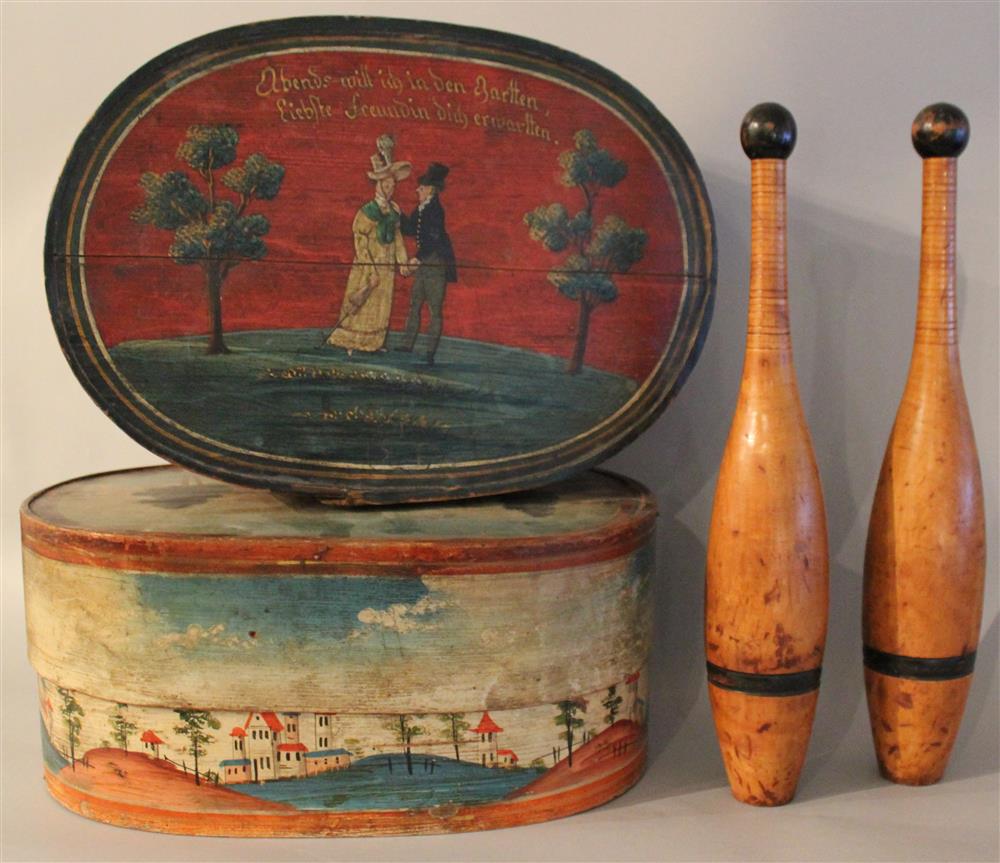 Appraisal: TWO GERMANIC PAINTED WOODEN BOXES together with two wooden bowling