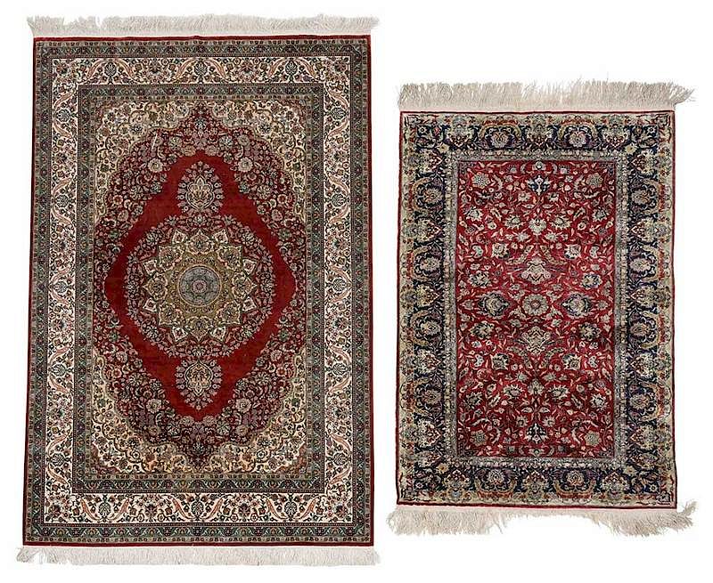 Appraisal: Two Silk Hand Knotted Rugs Persian th century central medallion