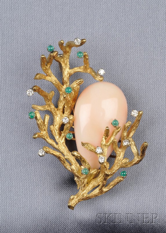 Appraisal: kt Gold Coral and Gem-set Brooch set with a pear-shape