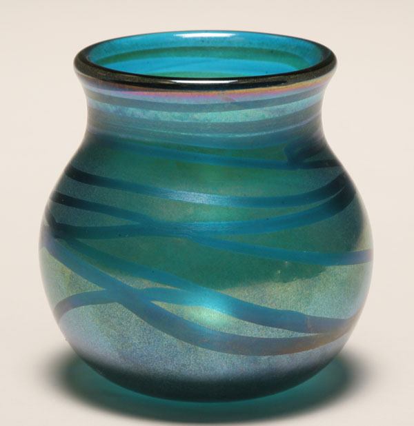 Appraisal: Josh Simpson blue iridescent glass vase Signed H