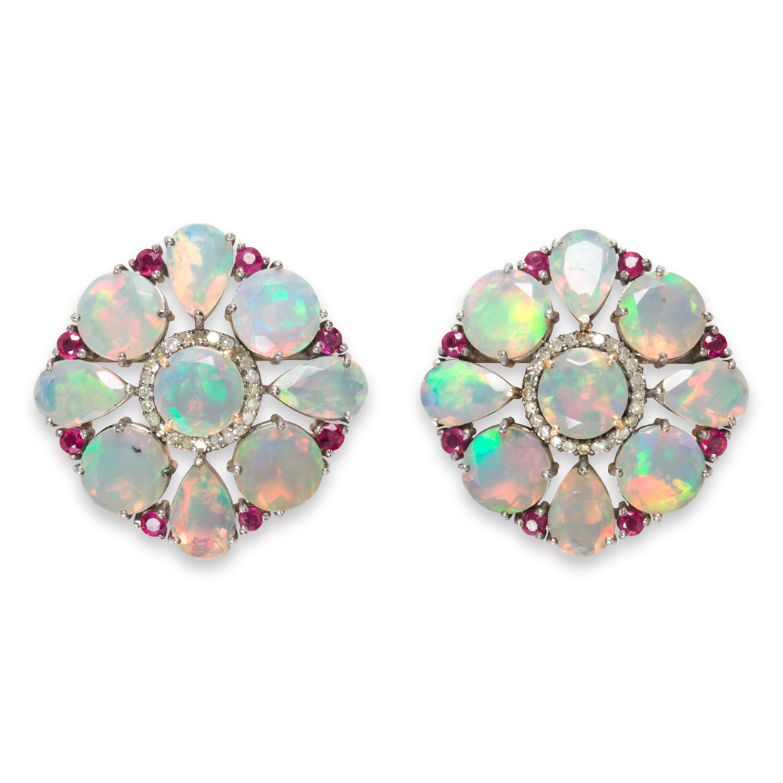 Appraisal: A PAIR OF OPAL RUBY AND DIAMOND EARRINGS A pair