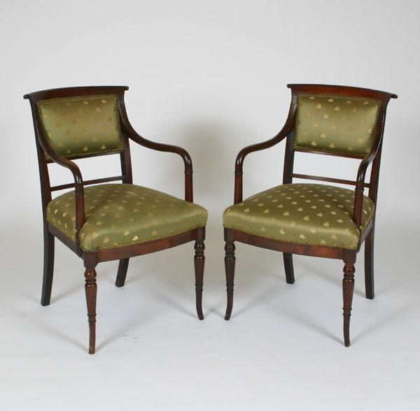 Appraisal: Pair thC French mahogany arm chairs scroll back curved arms