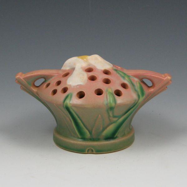 Appraisal: Roseville Iris flower holder in pink and green Unmarked Mint