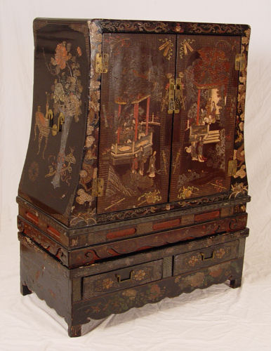 Appraisal: th C CHINESE TALL CHEST ON STAND Polychrome and carved