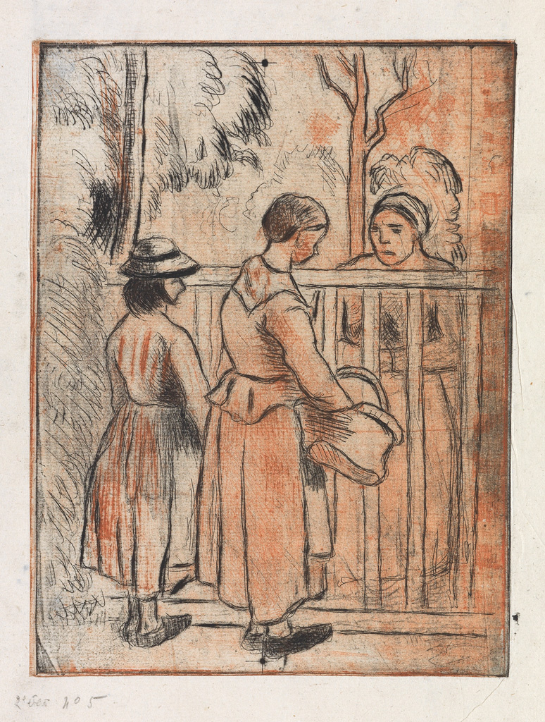 Appraisal: CAMILLE PISSARRO Mendiantes Color etching and drypoint printed in reddish-orange