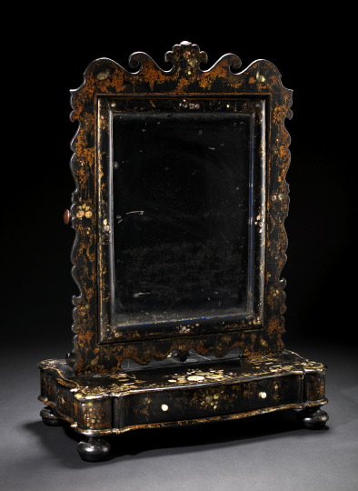 Appraisal: Rare Large English Mother-of-Pearl-Inlaid Black-Lacquered Papier-Mache Swing Dressing Mirror-on-Stand in