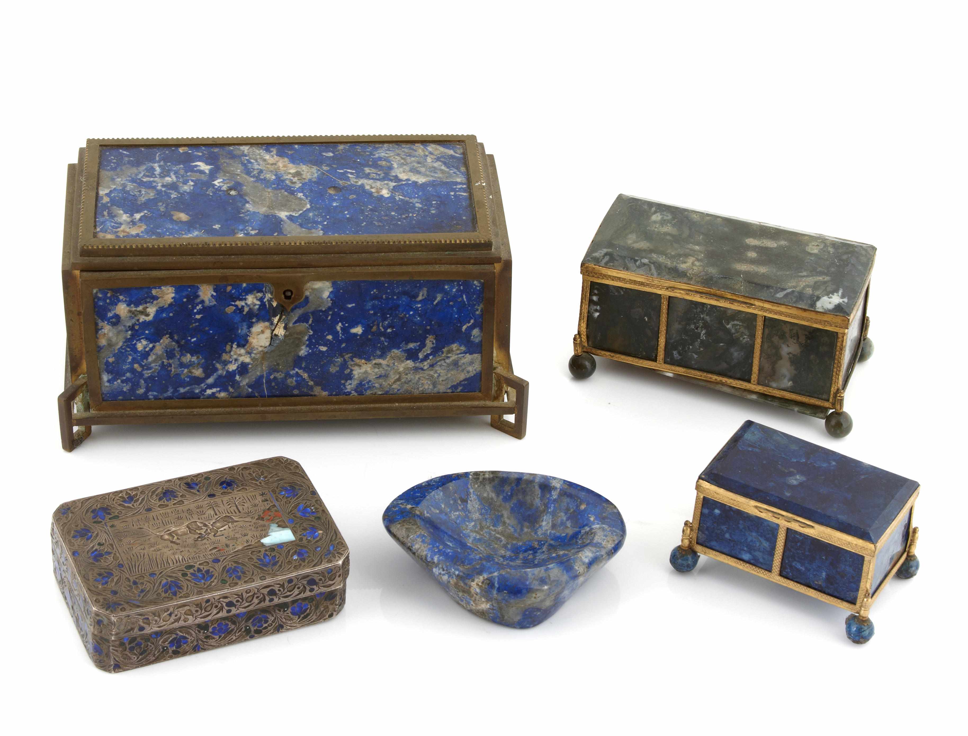 Appraisal: A gilt bronze mounted lapis table box Together with two