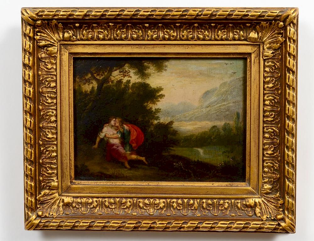 Appraisal: CONTINENTAL SCHOOL th th Century Landscape with Classical Couple No