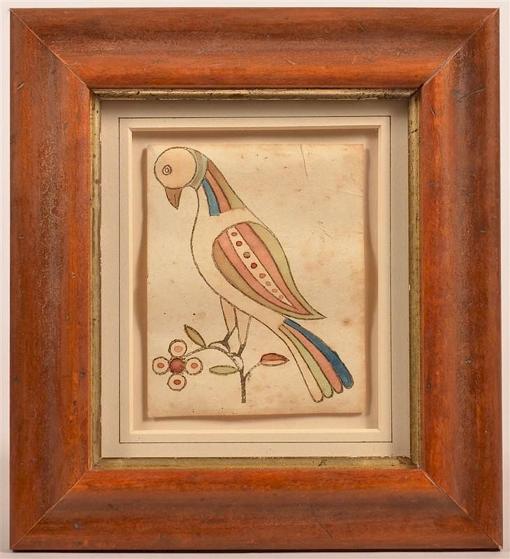 Appraisal: Fraktur Wood Block and Watercolor of a Bird Fraktur Wood