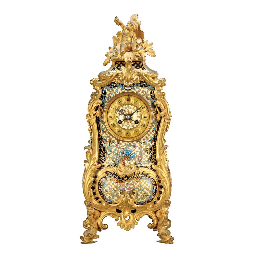 Appraisal: French Gilt-Bronze and Champleve Enameled Mantel Clock Retailed by Tiffany