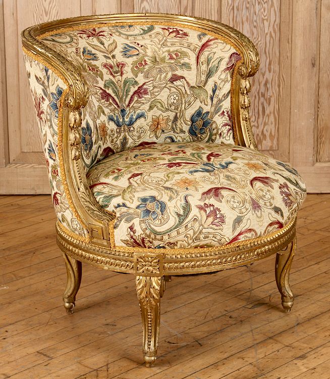 Appraisal: CARVED LOUIS XV STYLE GILT WOOD BOUDOIR CHAIR A carved