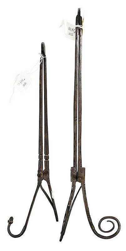 Appraisal: Two Pair Early Wrought Iron Spring Pipe Tongs probably American