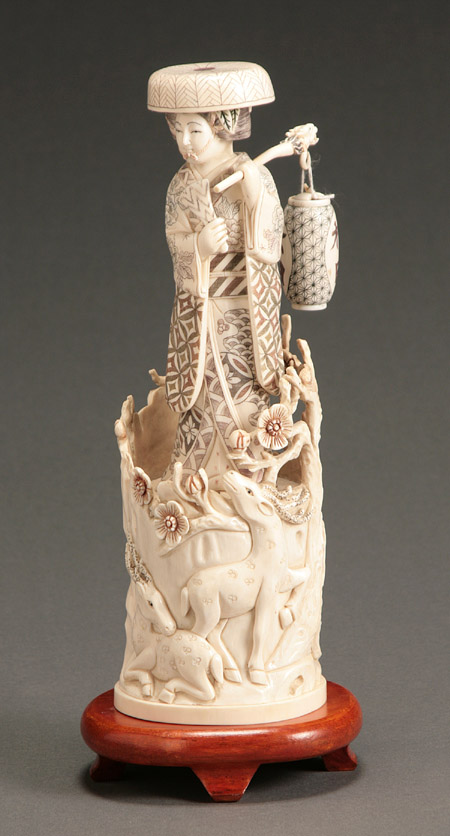 Appraisal: Japanese Partial Colored Scrimshaw Ivory Figure of a Woman Carrying