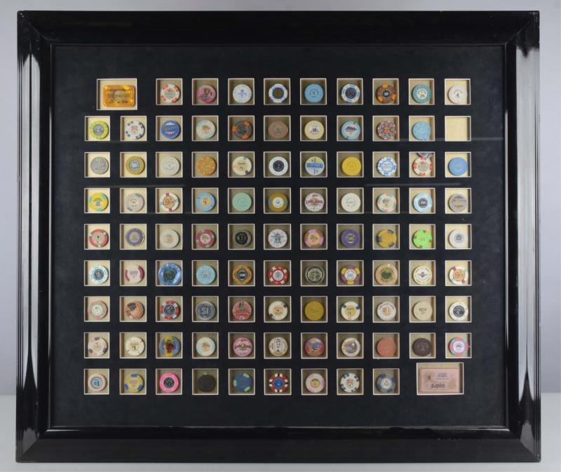 Appraisal: Collection Of Casino Chips Tokens Expertly matted and framed each