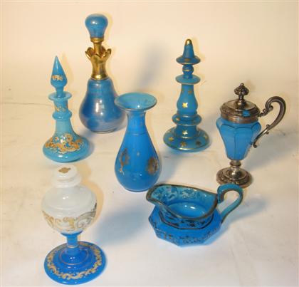 Appraisal: Group of seven opaline blue glass items tallest H in