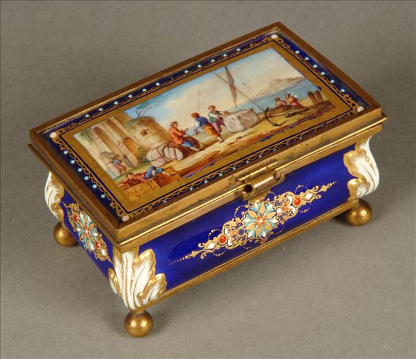 Appraisal: A Sevres-style 'jewelled' porcelain gilt-metal-mounted blue-ground rectangular box and cover