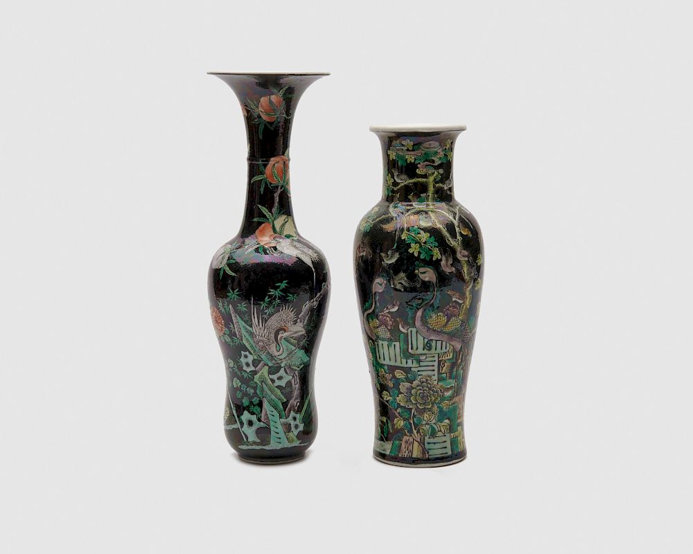 Appraisal: Two Chinese Iridescent Famille Noir Vases Two Chinese Iridescent Famille