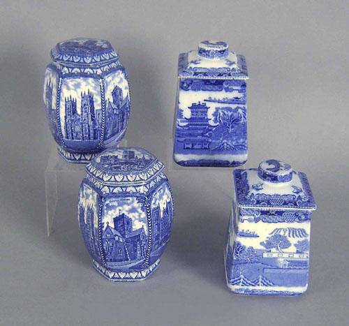 Appraisal: Two pair English blue and white tea caddies signed on